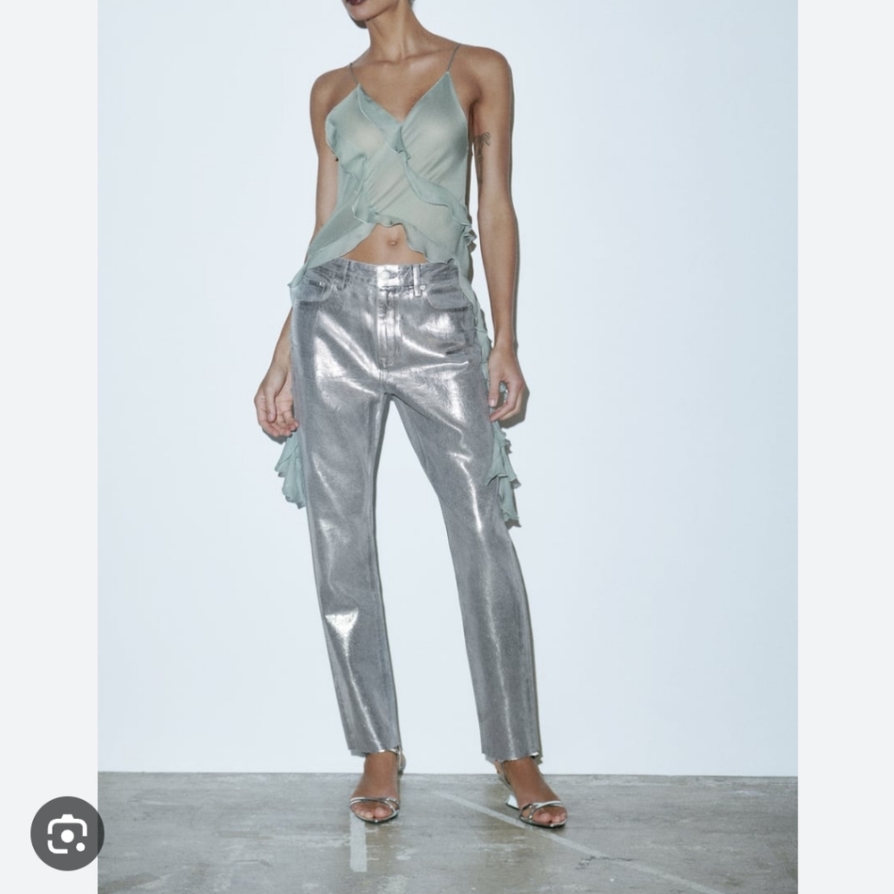 Limited ZARA SILVER METALLIC JEANS MID-RISE SLIM FIT JEANS US SIZE 10